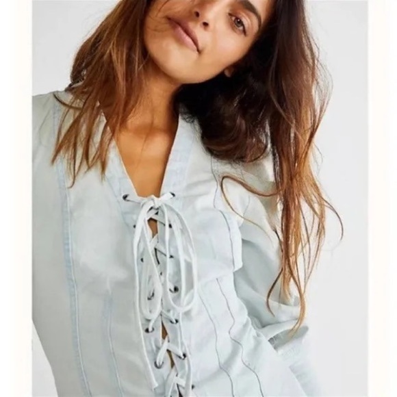 Free People Laced Up Denim Top sz XS and L - Picture 3 of 10